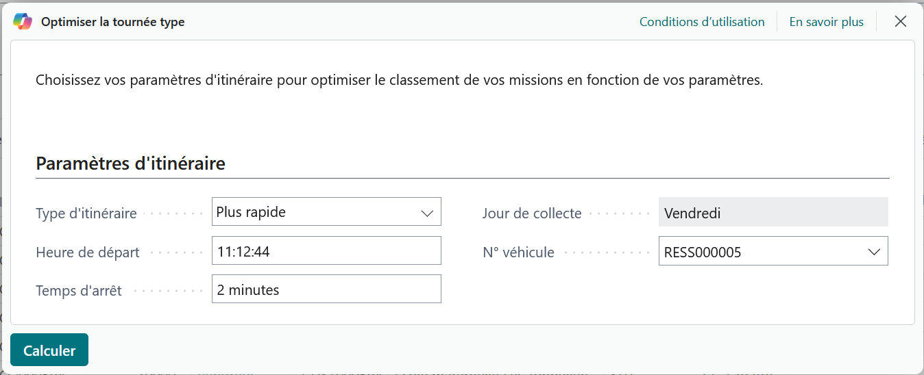Paramètres d'optimisation de la tournée