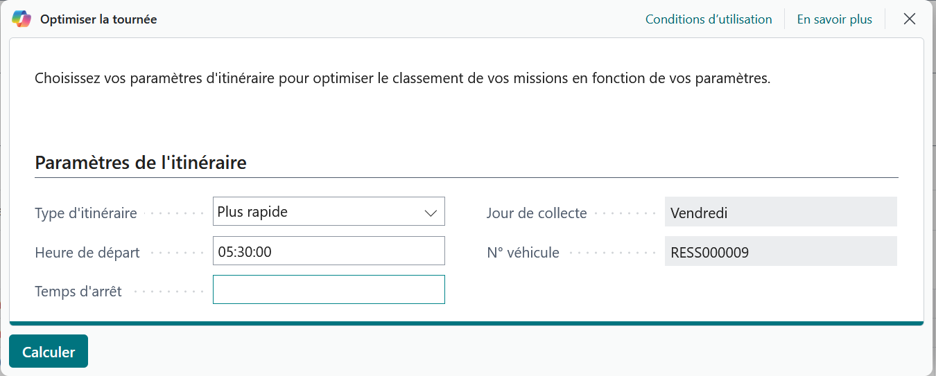 Paramètres d'optimisation de la tournée
