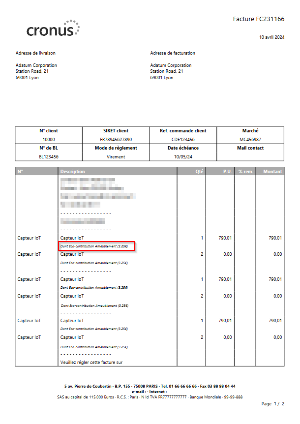 Exemple de facture imprimée avec des taxes parafiscales